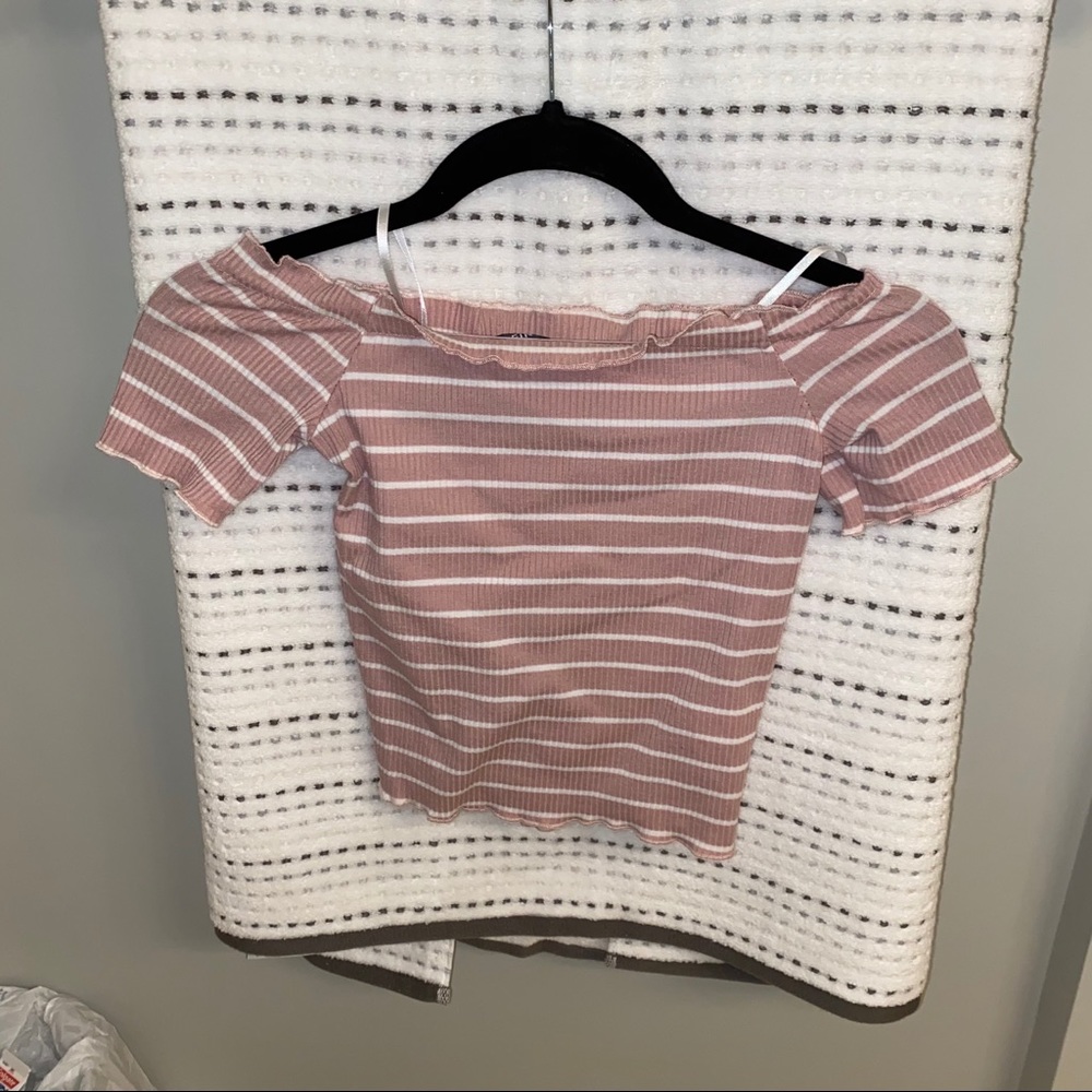 SheIn Pink and White Striped Off the Shoulder Top